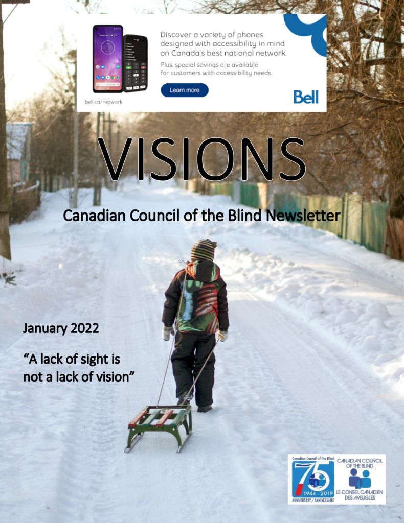 Cover of the VISIONS January Newsletter featuring a child draggin a sled through the snow.

