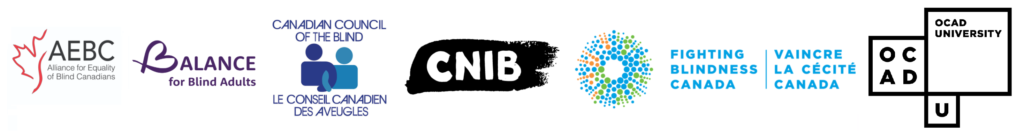 AEBC logo, Balance for Blind Adults logo, CCB logo, CNIB logo, FBC logo, OCAD University logo