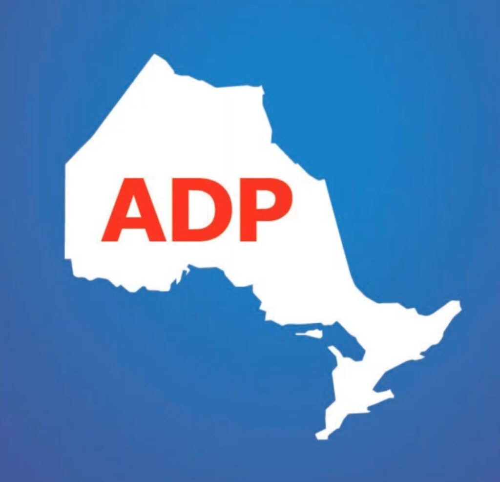 The shape of the province of Ontario with ADP written on it.