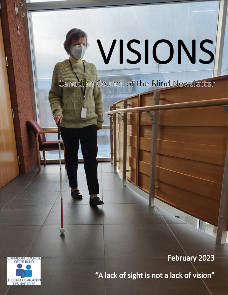 Cover of the VISIONS newsletter featuring a business woman walking with her white cane.
