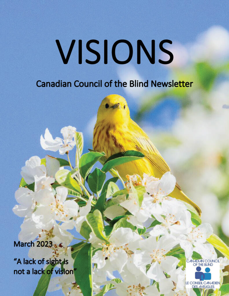 The VISIONS cover featuring a yellow bird sitting on spring flowers.