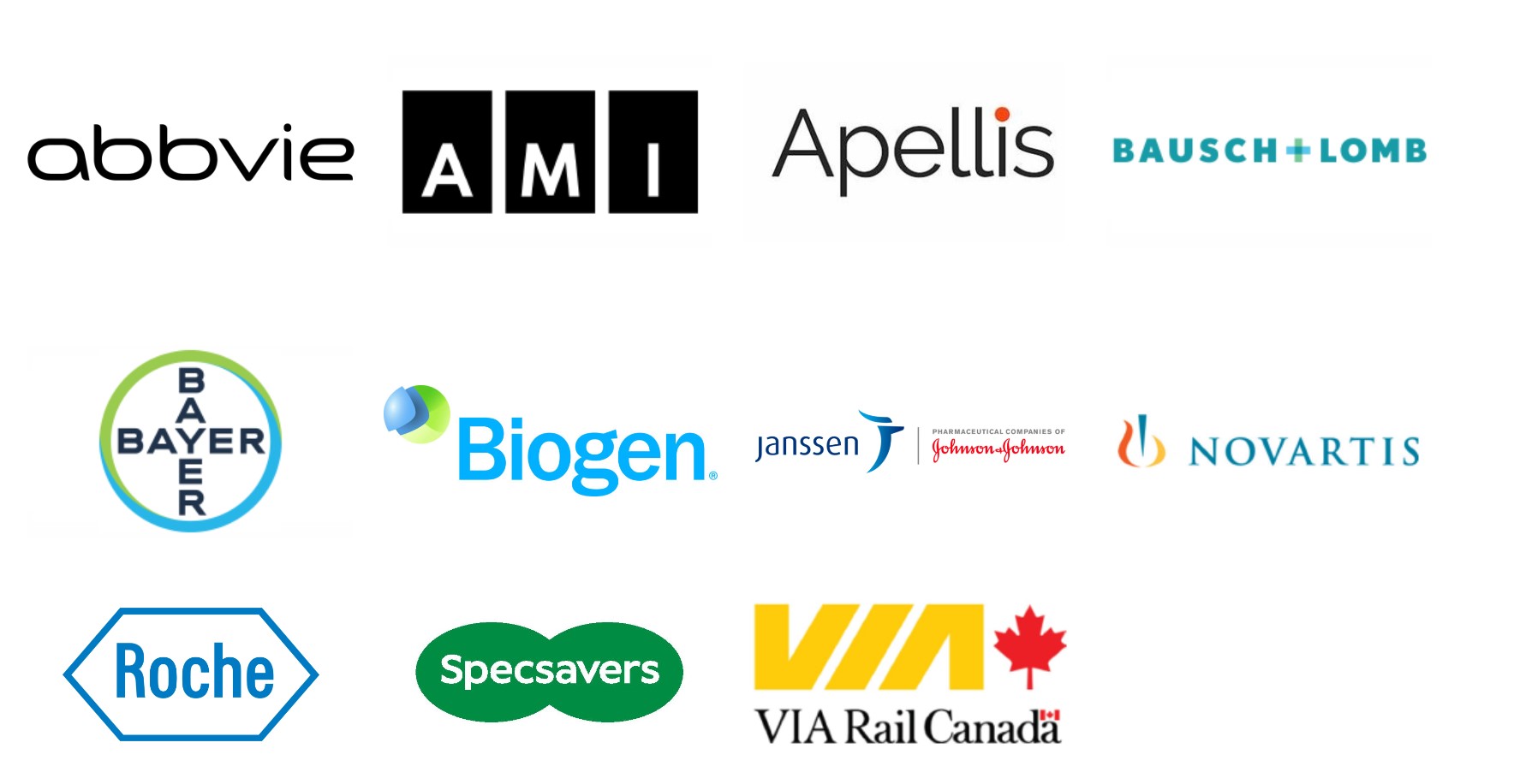 Canadian Council of the Blind Sponsors' Logos [Abbvie, AMI, Apellis, Bausch+Lomb, Bayer, Biogen, Janssen (Johnson & Johnson), Novartis, Roche, Specsavers, VIA-Rail]