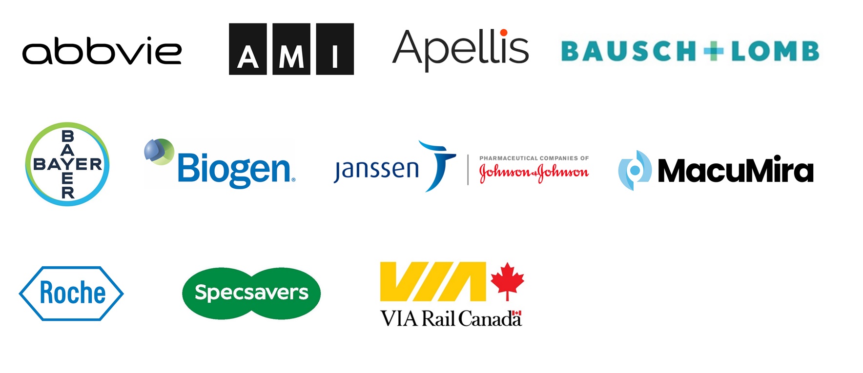 Canadian Council of the Blind Sponsors' Logos [Abbvie, AMI, Apellis, Bausch+Lomb, Bayer, Biogen, Janssen (Johnson & Johnson), MacuMira, Roche, Specsavers, VIA-Rail]
