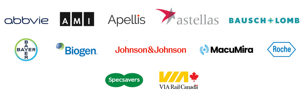 Canadian Council of the Blind Sponsors' Logos [Abbvie, AMI, Apellis, Astellas, Bausch+Lomb, Bayer, Biogen, Johnson & Johnson, MacuMira, Roche, Specsavers, VIA-Rail]