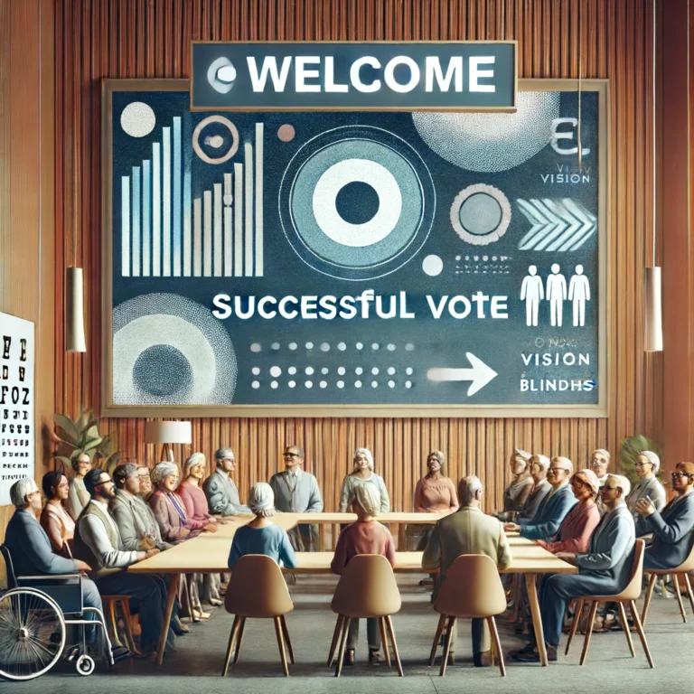 An informal and welcoming conference room setting with a diverse group of people seated around a table. A large screen displays an abstract graphic indicating a successful vote. The room includes elements like Braille signage and assistive devices, highlighting the focus on low vision and blindness. The atmosphere is casual and friendly.