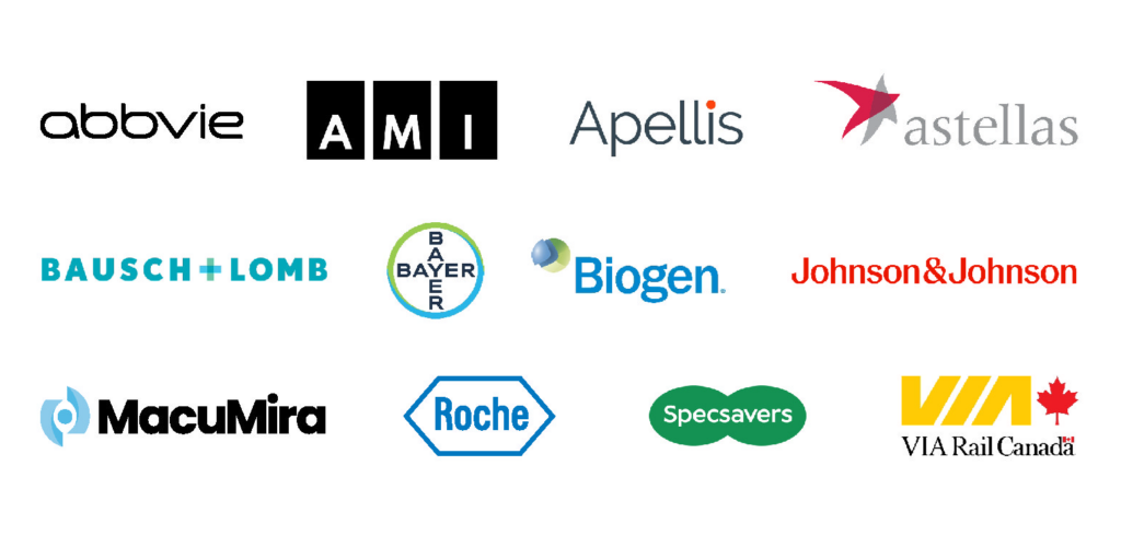 Logos of various sponsors, including AbbVie, AMI, Apellis, Astellas, Bausch + Lomb, Bayer, Biogen, Johnson & Johnson, MacuMira, Roche, Specsavers, and VIA Rail Canada