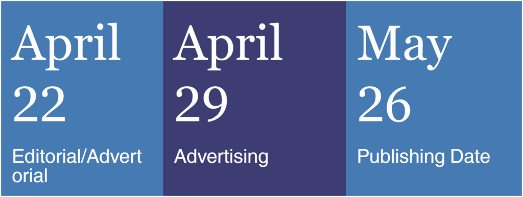 Graphic with three boxes showing White Cane Magazine dates: April 22 for editorial and advertorial, April 29 for advertising, and May 26 for publishing.