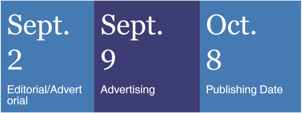 Graphic with three boxes showing White Cane Magazine dates: September 2 for editorial and advertorial, September 9 for advertising, and October 8 for publishing.