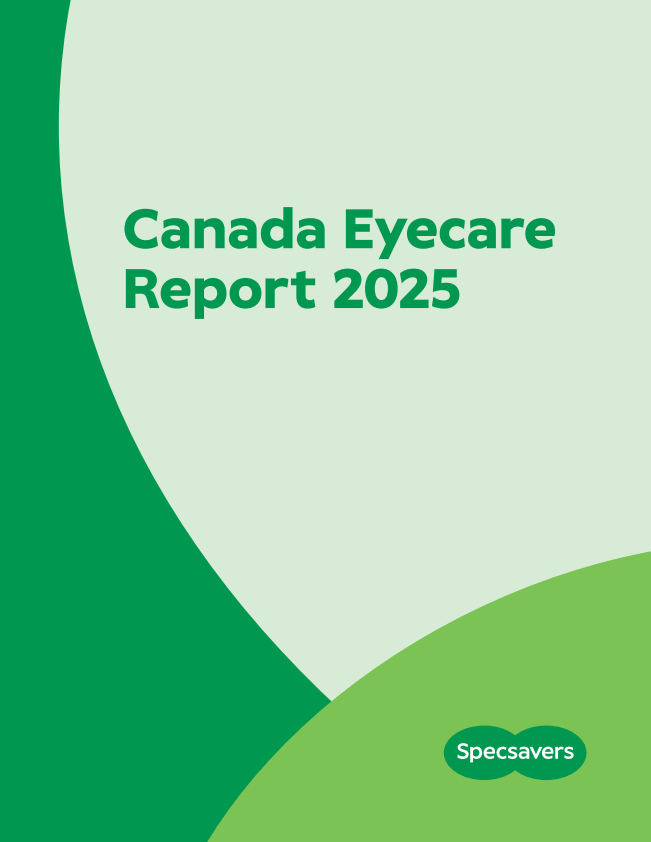 Specsavers Canada Eyecare Report 2025 cover page over a green background using three shades of green. The Specsavers logo is on the bottom right.