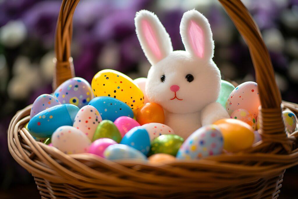 A basket holds several colourful and spotted Easter eggs surrounding a stuffed white bunny toy inside.