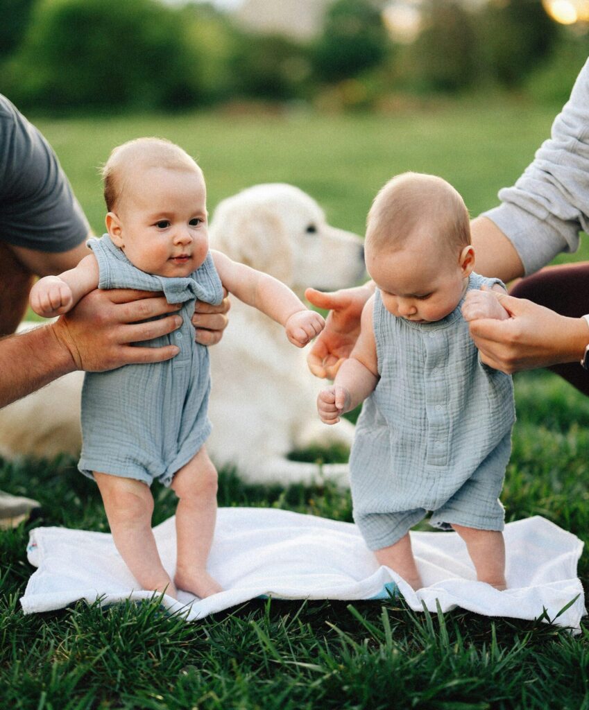 Two babies wearing matching light blue short onesies are being held upwards on their feet by their parents on a white blanket above grass. A beige dog can be seen in the blurred background.
