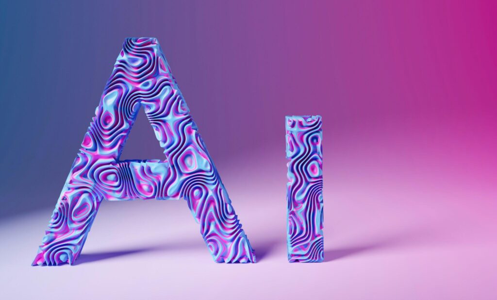 The letters “AI” are shown in shades of blue, pink, and purple with wavy lines on the left with a light blue, pink, and white gradient background.