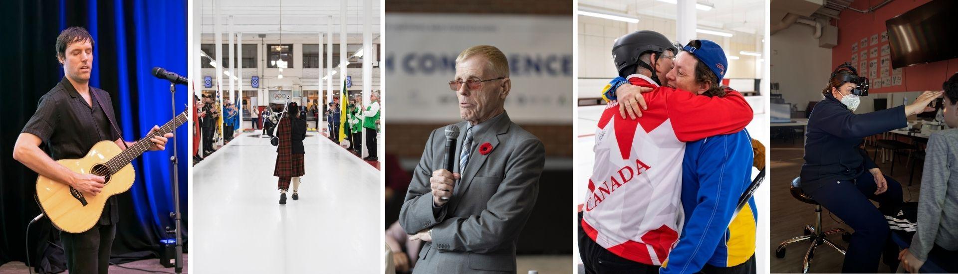 Five-panel CCB banner showing Lucas Haneman performing with guitar at the Vision Health Month Appreciation Dinner, White Cane Week curling championship moments, Jim Tokos speaking, and Dr. Angela Malik performing a comprehensive eye exam in the Mobile Eye Clinic.