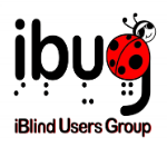 The iBUG logo with black lettering, a red ladybug in the ‘g’, and Braille dots under each letter. Below reads “iBlind Users Group”.
