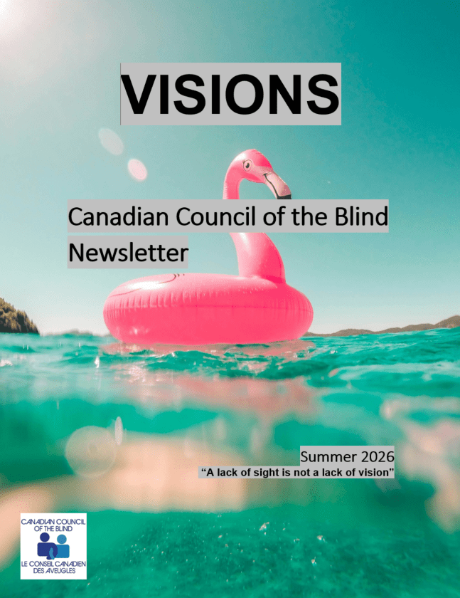 A bright pink flamingo floaty sits on the water during a bright, sunny day with clear blue skies. Text from top to bottom highlighted in grey with black font reads: VISIONS, Canadian Council Of The Blind Newsletter, Summer 2026, "A lack of sight is not a lack of vision". The CCB logo is on the bottom left.