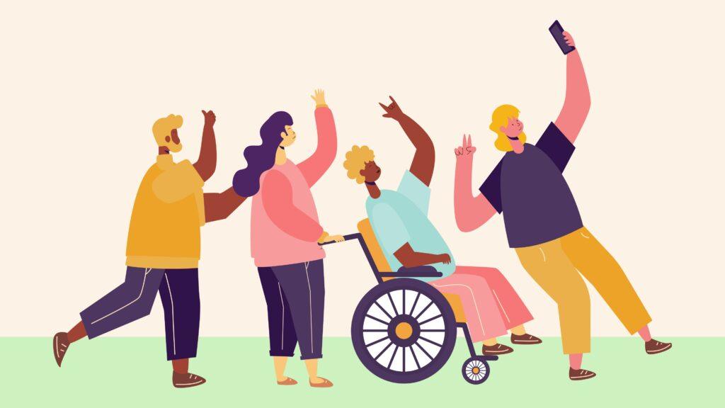 A graphic illustration shows four individuals in yellow, purple, pink, and light blue. The person on the far right is holding up a camera to take a selfie, while the other three pose for the photo. One individual is in a wheelchair. The background is beige with a light green ground.