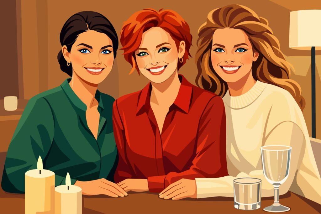 A graphic shows three women sitting at a table and smiling at the camera. There are candles on the lower left side and glasses on the lower right side of the picture.