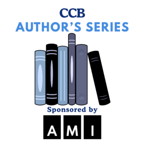 The CCB Author's Series sponsored by AMI logo features a row of blue, grey, and black books with their spines facing outward.